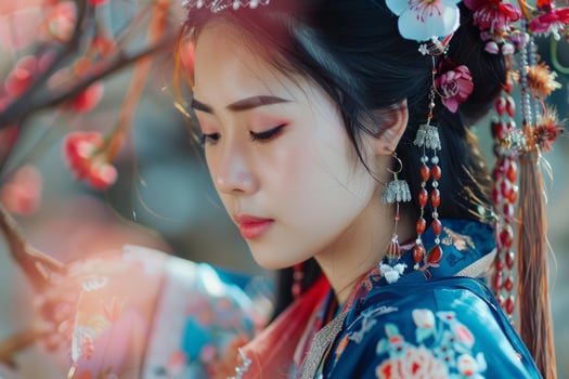 Tranquil beauty in traditional asian attire photo