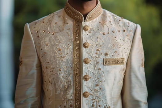 Closeup of a man donning a luxurious, golden embroidered sherwani, traditional indian attire photo