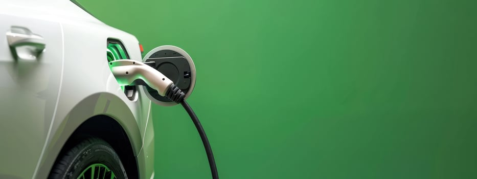 A white electric vehicle is plugged into a power outlet, set against a vibrant green background. photo