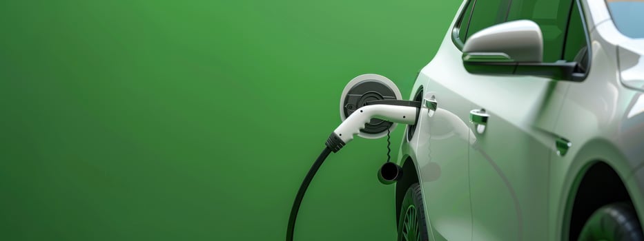 A white electric vehicle is plugged into a power outlet, set against a vibrant green background. photo