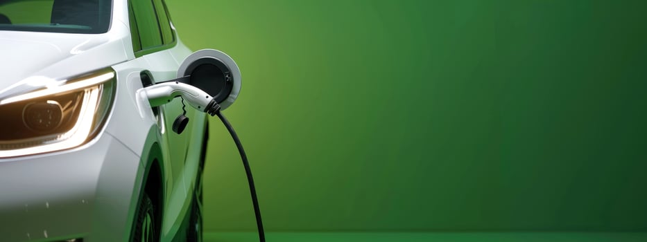 A white electric vehicle is plugged into a power outlet, set against a vibrant green background. photo