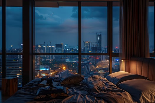 penthouse bedroom at night, dark gloomy, A room with a view of the city from the bed photo