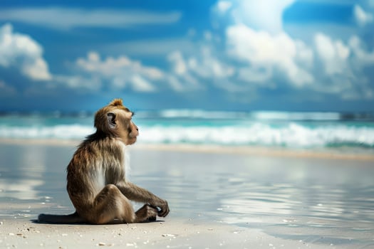 A monkey look out on the beach basks in the summer sun on the beach. Animal on warm sand surrounded by sea water photo
