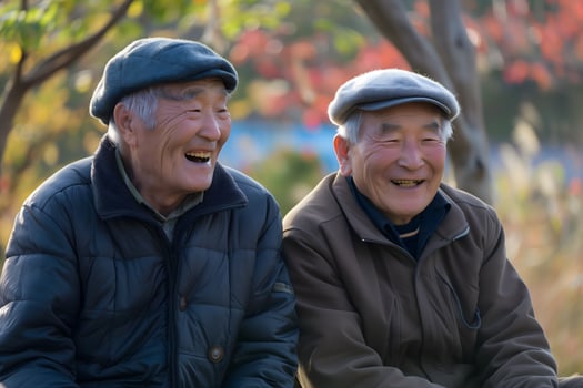 Elderly korean brothers sharing a laugh outdoors in autumn photo