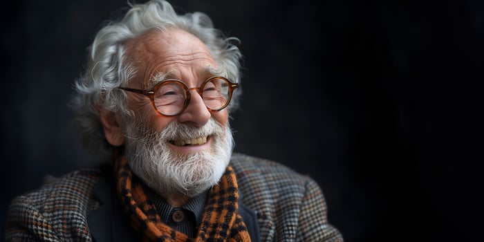 Portrait of a joyful elderly man with a beard and round glasses photo