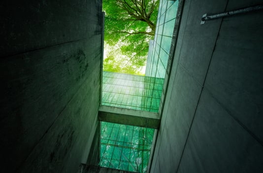 Eco-friendly building in modern city. Sustainable glass office building with trees for reducing carbon dioxide. Office building with green environment. Corporate building reduce CO2. Net zero emission photo