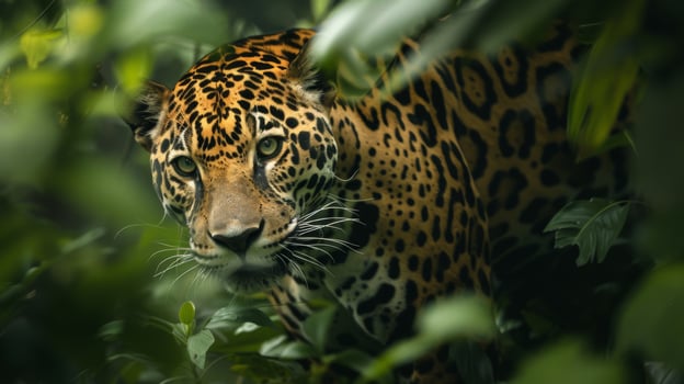 A jaguar is walking through the jungle photo
