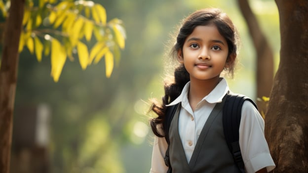 Portrait of happy indian girl with school bag standing outdoor. Neural network photo