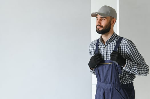 Portrait of handsome mechanic with stubble in blue overall, shirt having his arms crossed, looking at camera photo
