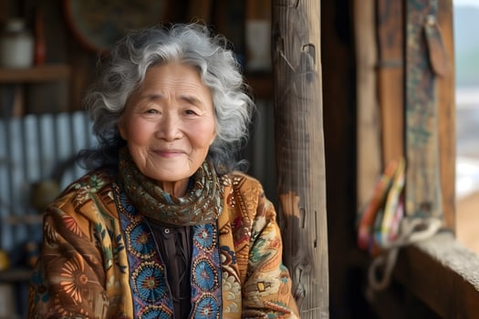 Smiling elderly Asian woman in a colorful jacket standing by a wooden cabin photo