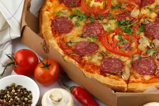 pizza in box open. Pizza in the in delivery box photo