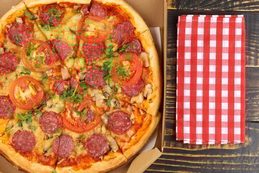 pizza in box open. Pizza in the in delivery box photo