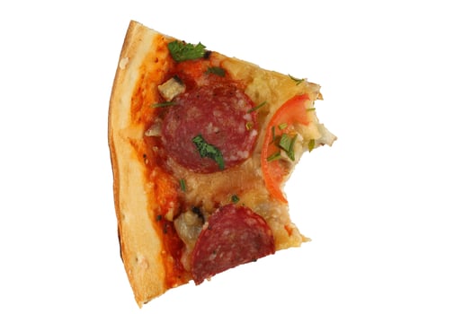 A piece of pizza is bitten. Pizza with salami and tomatoes isolate. photo
