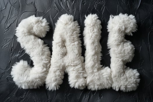 Letters SALE crafted in fine fluffy plush texture white color on a dark background photo