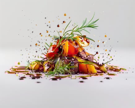 a plate of food with vegetables and herbs photo