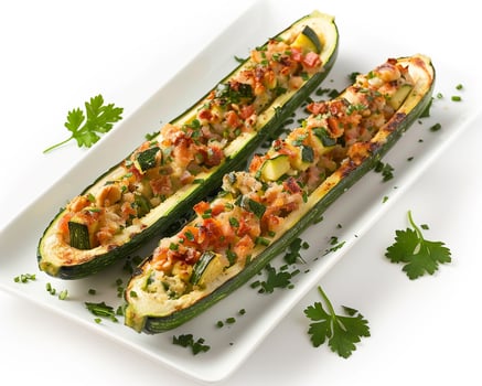 two stuffed zucchini boats on a white plate photo