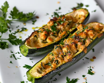 two stuffed zucchini boats on a white plate photo