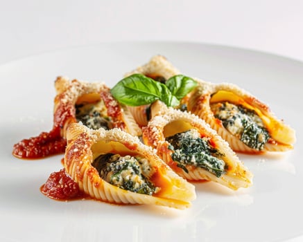 a plate of pasta with spinach and cheese photo