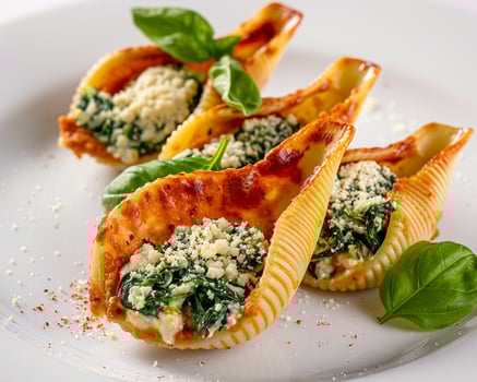 a plate of food with spinach and cheese photo