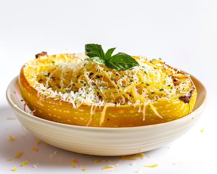 a bowl of food with cheese and basil photo