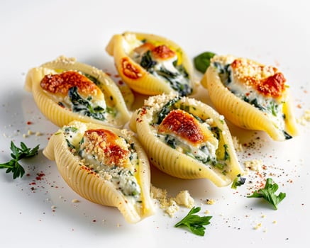 four shells filled with cheese and spinach photo