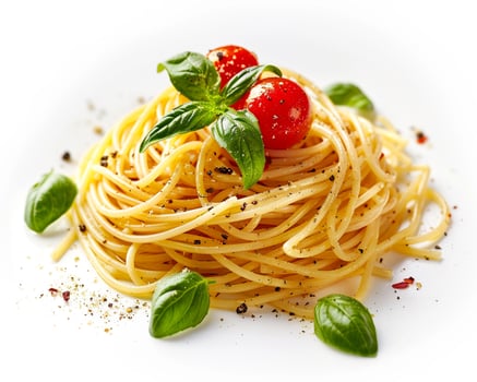 a plate of spaghetti with tomatoes and basil photo