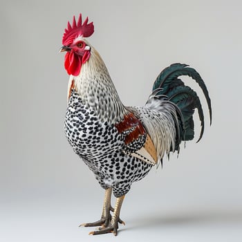 a rooster with a white and black head and tail photo