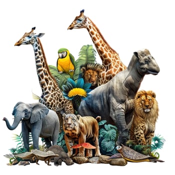 a group of animals including giraffes, zebras, and other animals photo