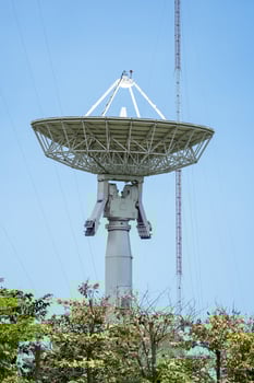 parabolic antenna satellite dish located in front of telecommunication tower with a clear blue sky in the background. photo