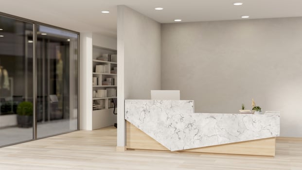 The interior design of a contemporary luxurious office entrance corridor feature a reception counter photo