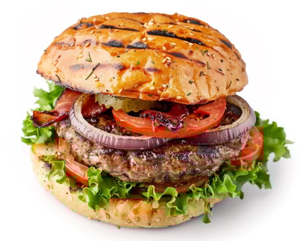 a hamburger with lettuce, tomatoes and onions photo