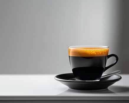 a black cup of coffee sits on a saucer photo