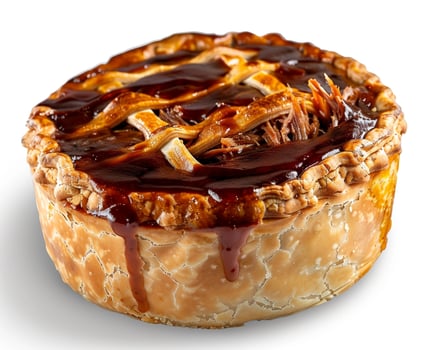 a pie with meat and sauce on top photo