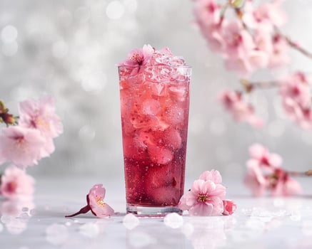 a glass of cherry flavored drink with ice and flowers photo