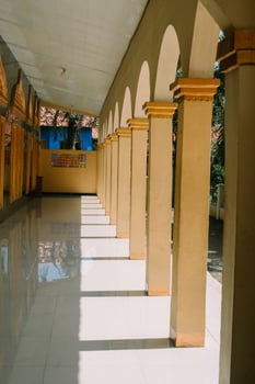 Mosque terrace with symmetrical pillars, showcasing elegant architecture and a serene ambiance photo