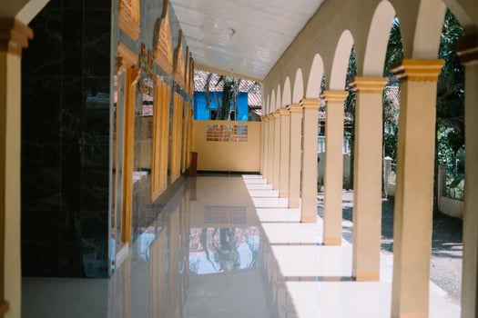 Mosque terrace with symmetrical pillars, showcasing elegant architecture and a serene ambiance photo