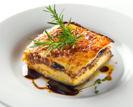 a square of lasagna on a white plate photo