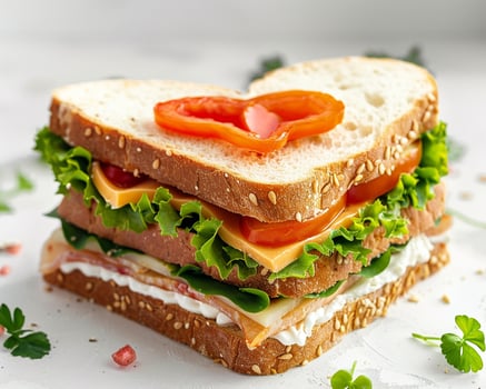 a sandwich with cheese, lettuce, tomato, and meat photo