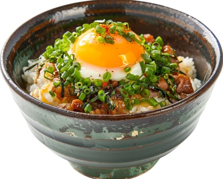 a bowl of food with an egg on top photo