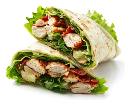 two wraps with chicken and lettuce on a white background photo