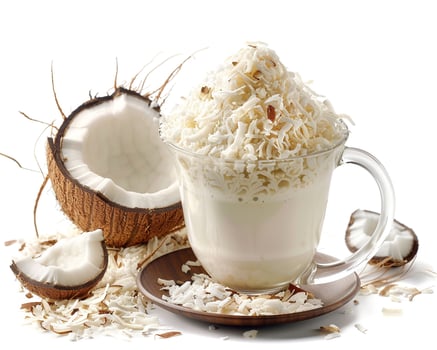 coconut milk in a glass with shredded coconut photo