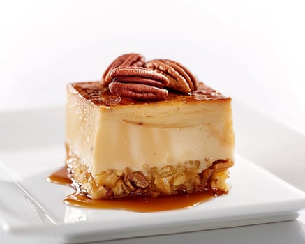 a square white plate topped with a piece of cheesecake photo