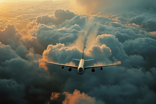 Sky-bound Airplane flies clouds transport. Generate Ai photo