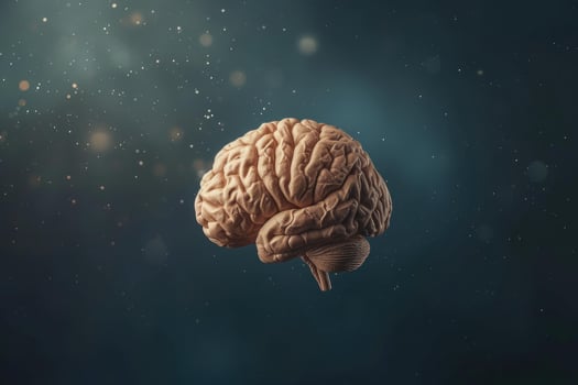 Human brain floating in dark space with glowing particles photo