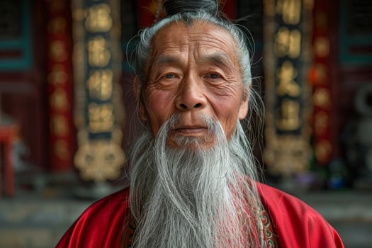 Elderly asian man with long beard in traditional attire photo