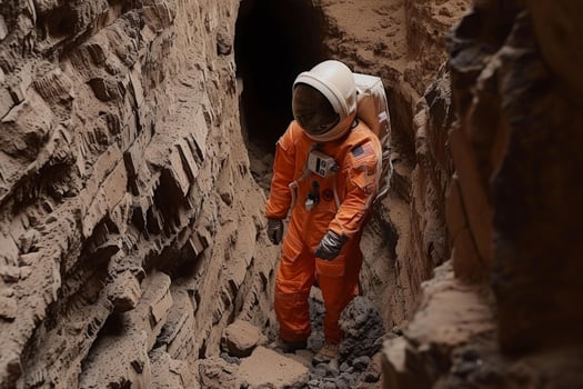 Astronaut exploring mars terrain replica photo