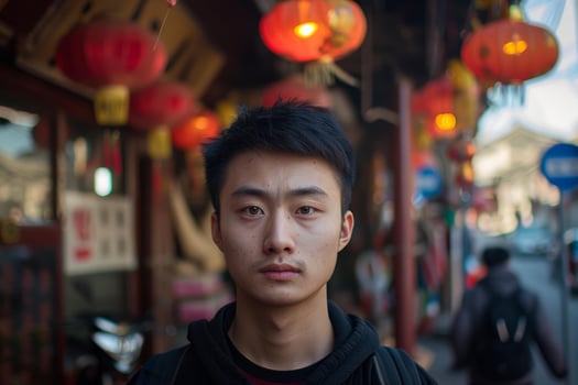 Young man with traditional lanterns in asian street photo