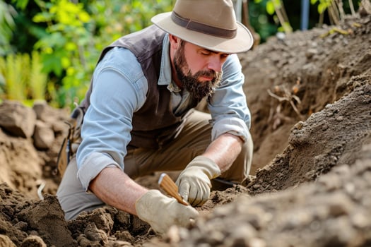 Focused archaeologist carefully uncovers artifacts at an excavation site . Generate Ai photo