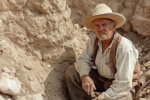 Senior archeologist working at an excavation site photo