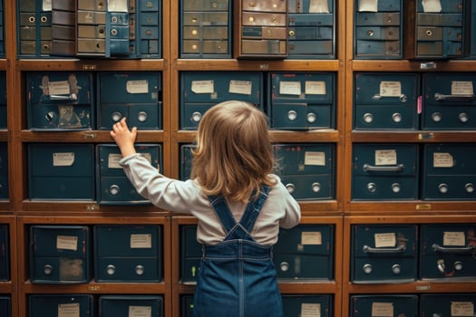 Child exploring vintage library card catalog photo